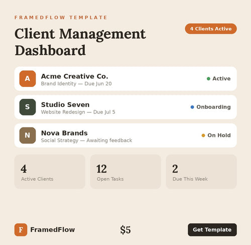 FramedFlow Client Management Dashboard Notion template preview