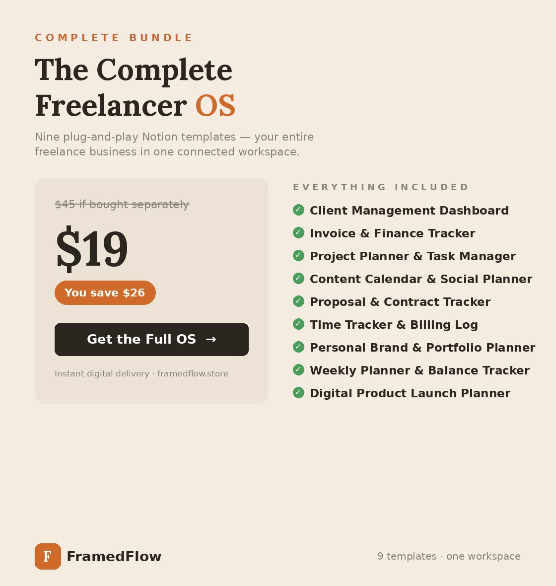The Complete Freelancer OS Notion template bundle, 9 templates for $19