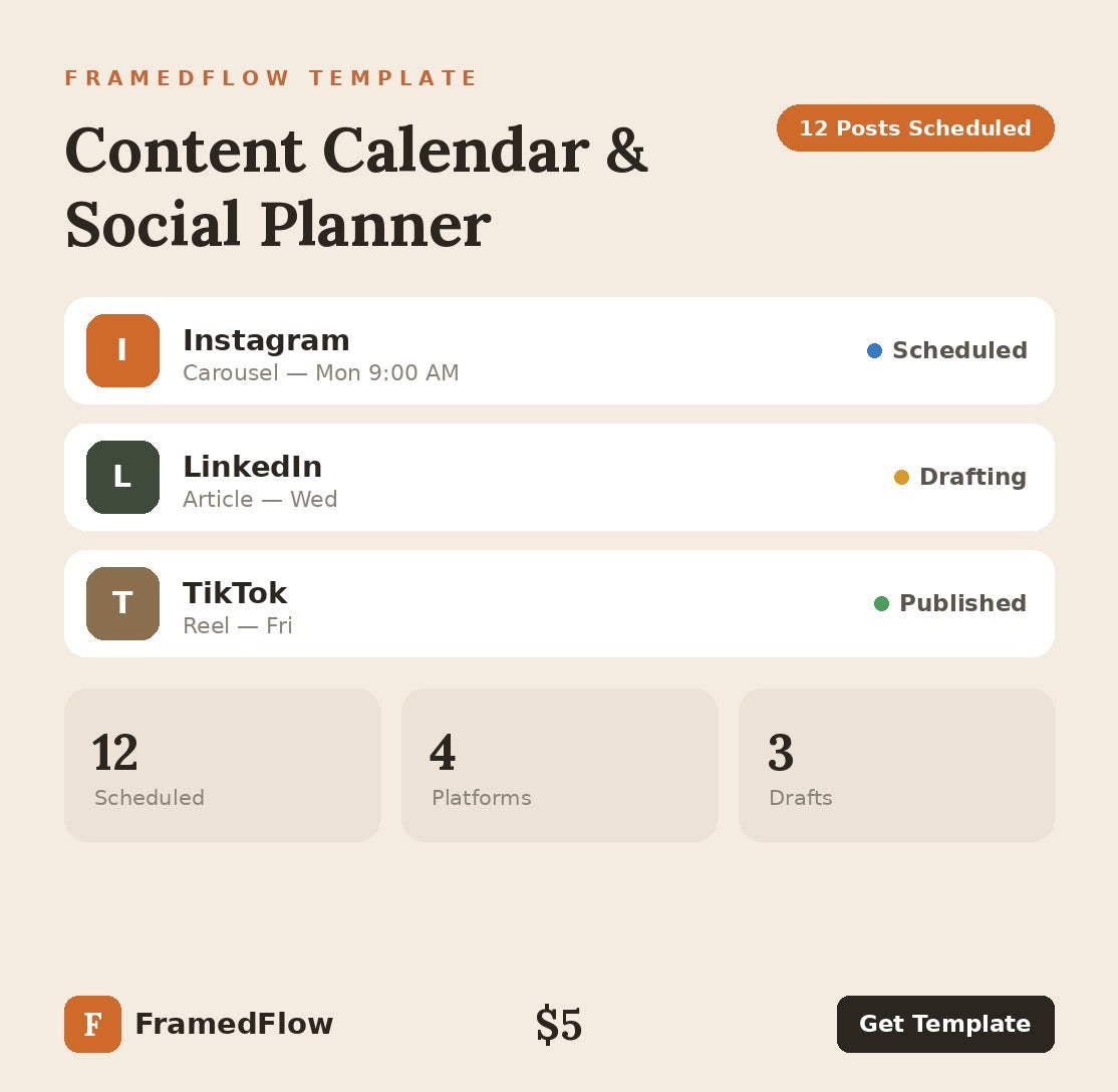 FramedFlow Content Calendar & Social Media Planner Notion template preview