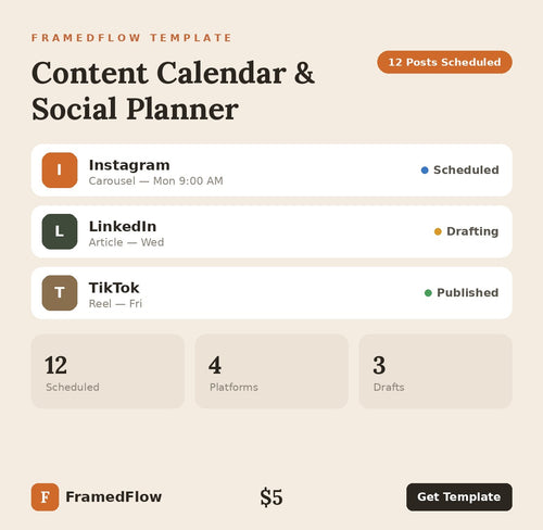 FramedFlow Content Calendar & Social Media Planner Notion template preview