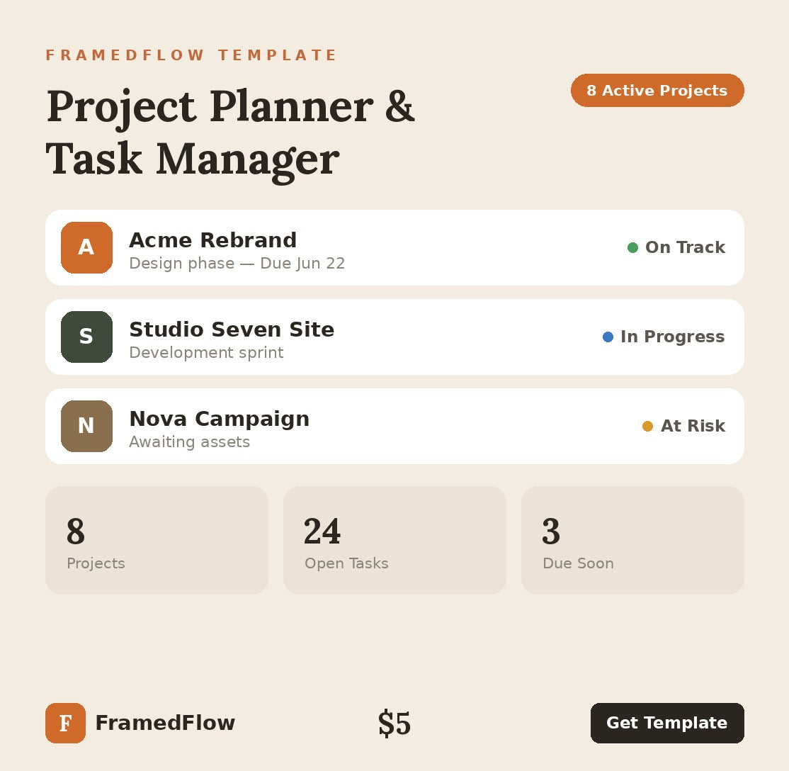 FramedFlow Project Planner & Task Manager Notion template preview