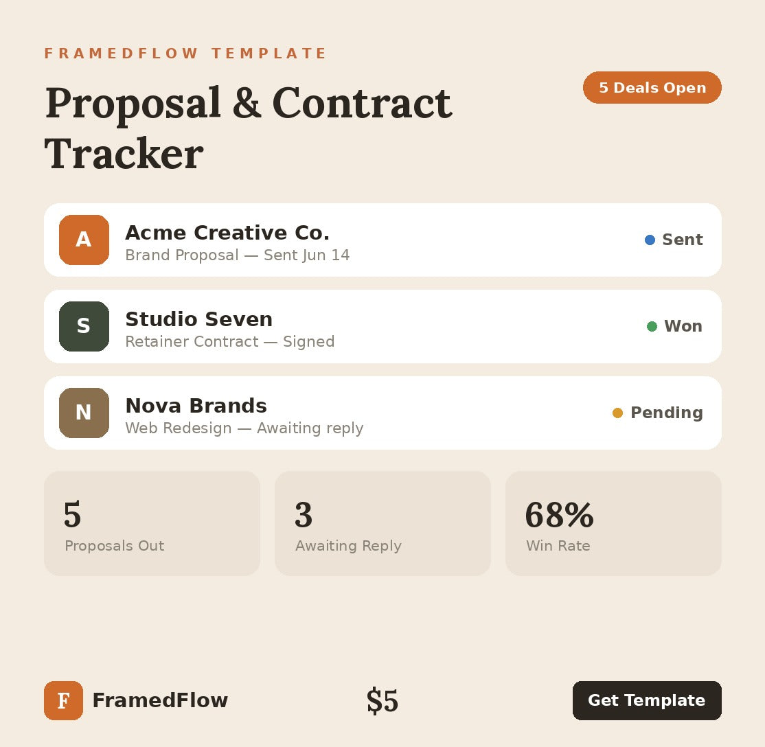FramedFlow Proposal & Contract Tracker Notion template preview