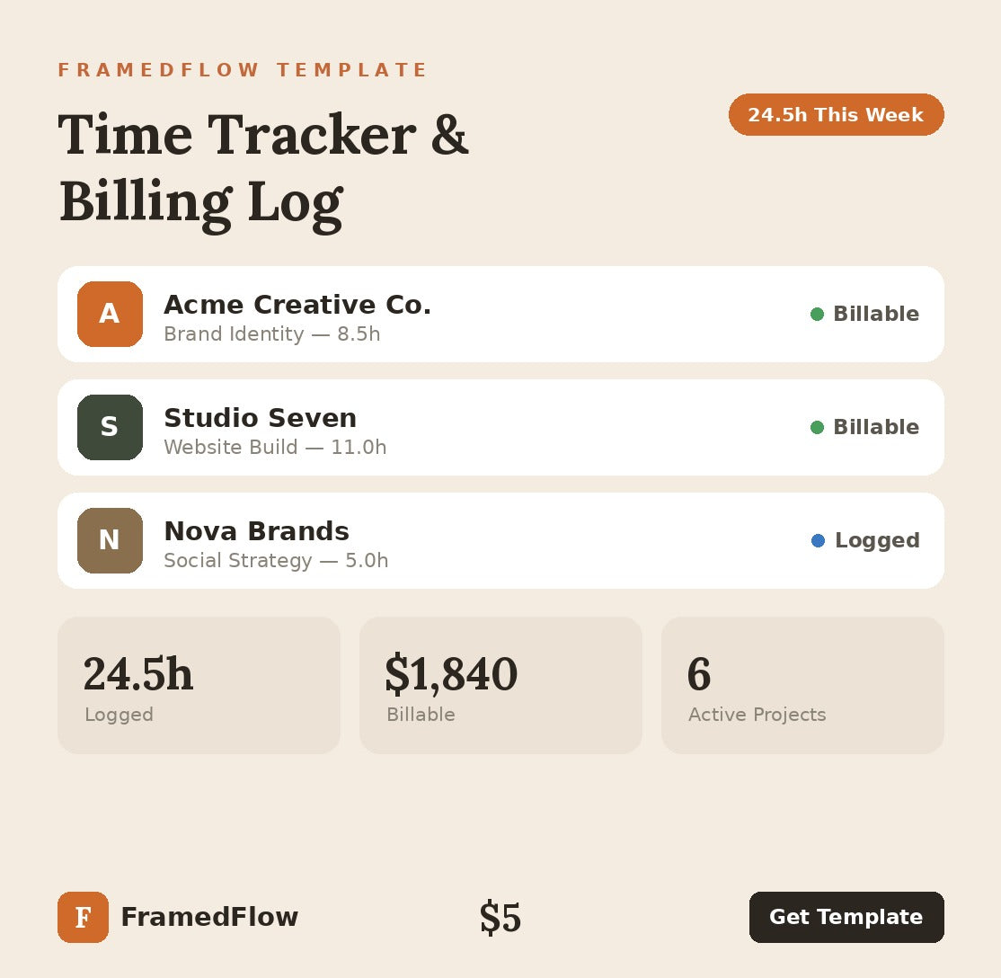 FramedFlow Time Tracker & Billing Log Notion template preview